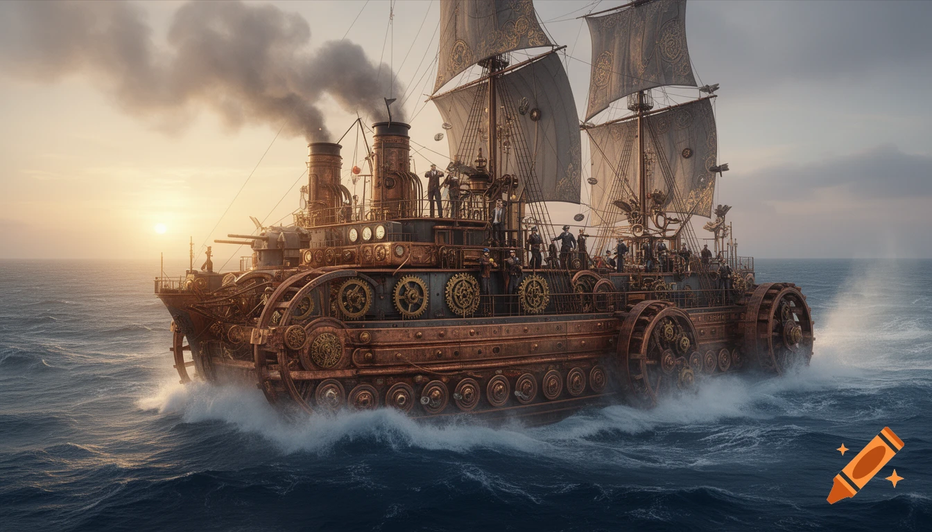 A grand steampunk ship with multiple paddle wheels, gears, smokestacks, and sails, cruises through the ocean at sunset.