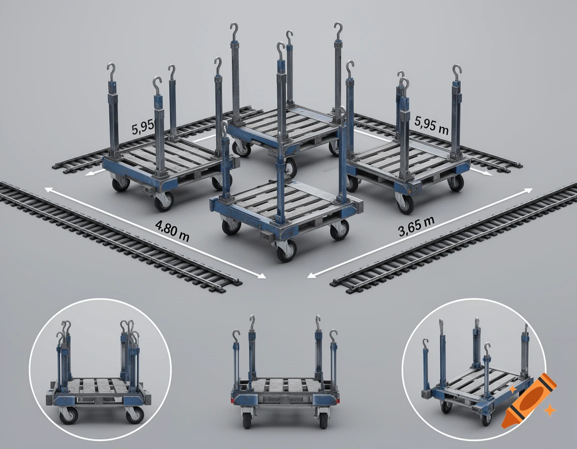 Several blue industrial transport carts with hooks and rail tracks, shown with dimension lines and close-up views on a gray background.