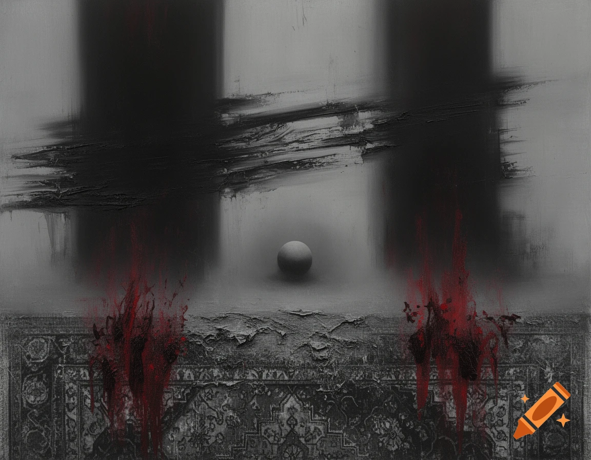 Abstract expressionist painting with blurred dark strokes, red smears, a central sphere, and a patterned rug texture in gray and red.