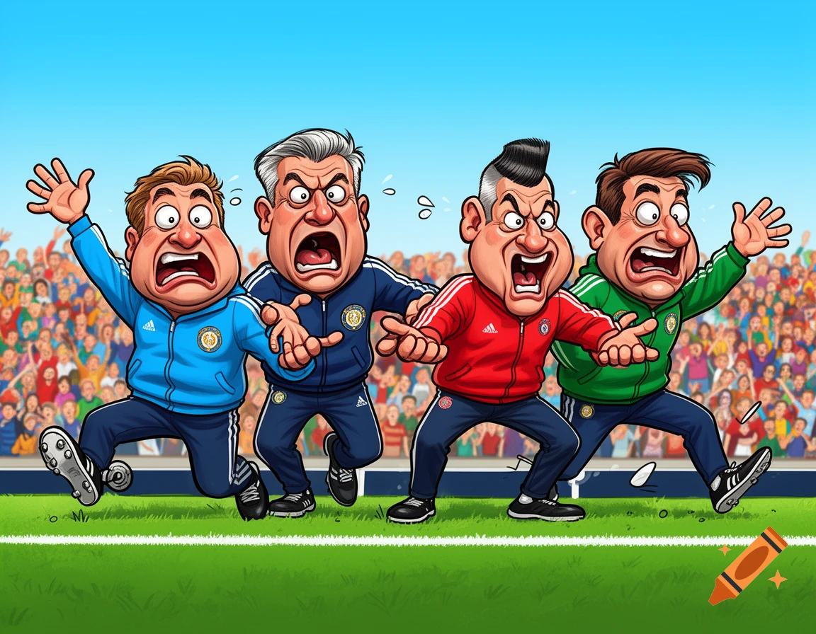 Four cartoon football coaches in tracksuits wildly gesticulate and yell on a field sideline in front of a stadium crowd.
