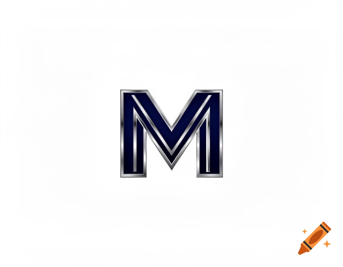 A stylized dark blue letter 'M' with a shiny silver metallic outline on a white background.