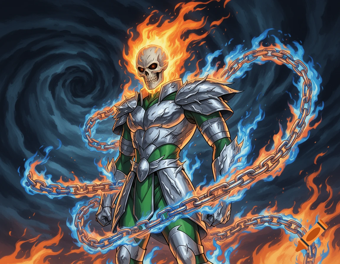 A skeletal figure with a flaming head, wearing green and silver armor, wrapped in fiery blue and orange chains, against a swirling dark sky.