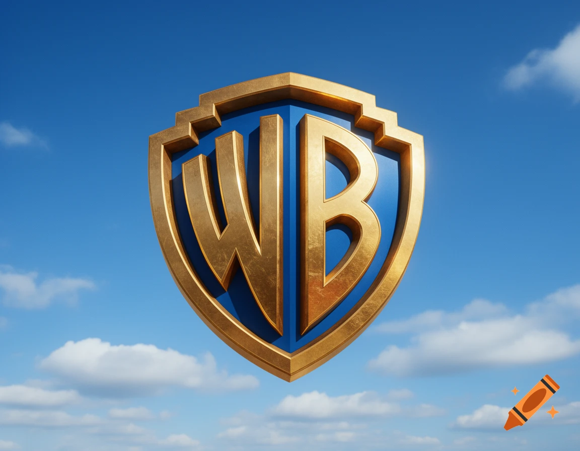 The gold Warner Bros. shield logo against a bright blue sky with sparse white clouds.