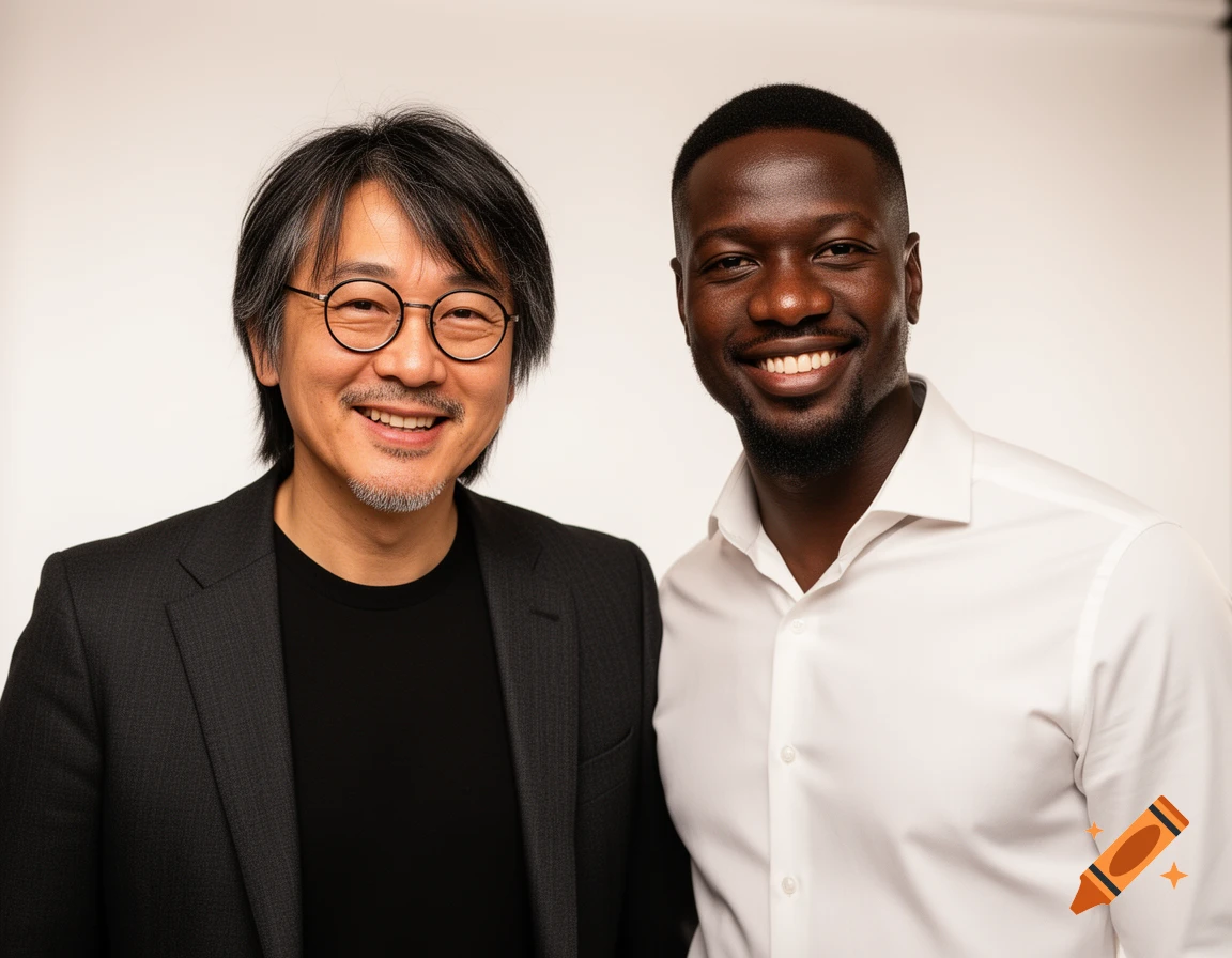 A smiling Japanese man in glasses and a dark suit stands next to a smiling Black man in a white shirt, both looking at the camera.