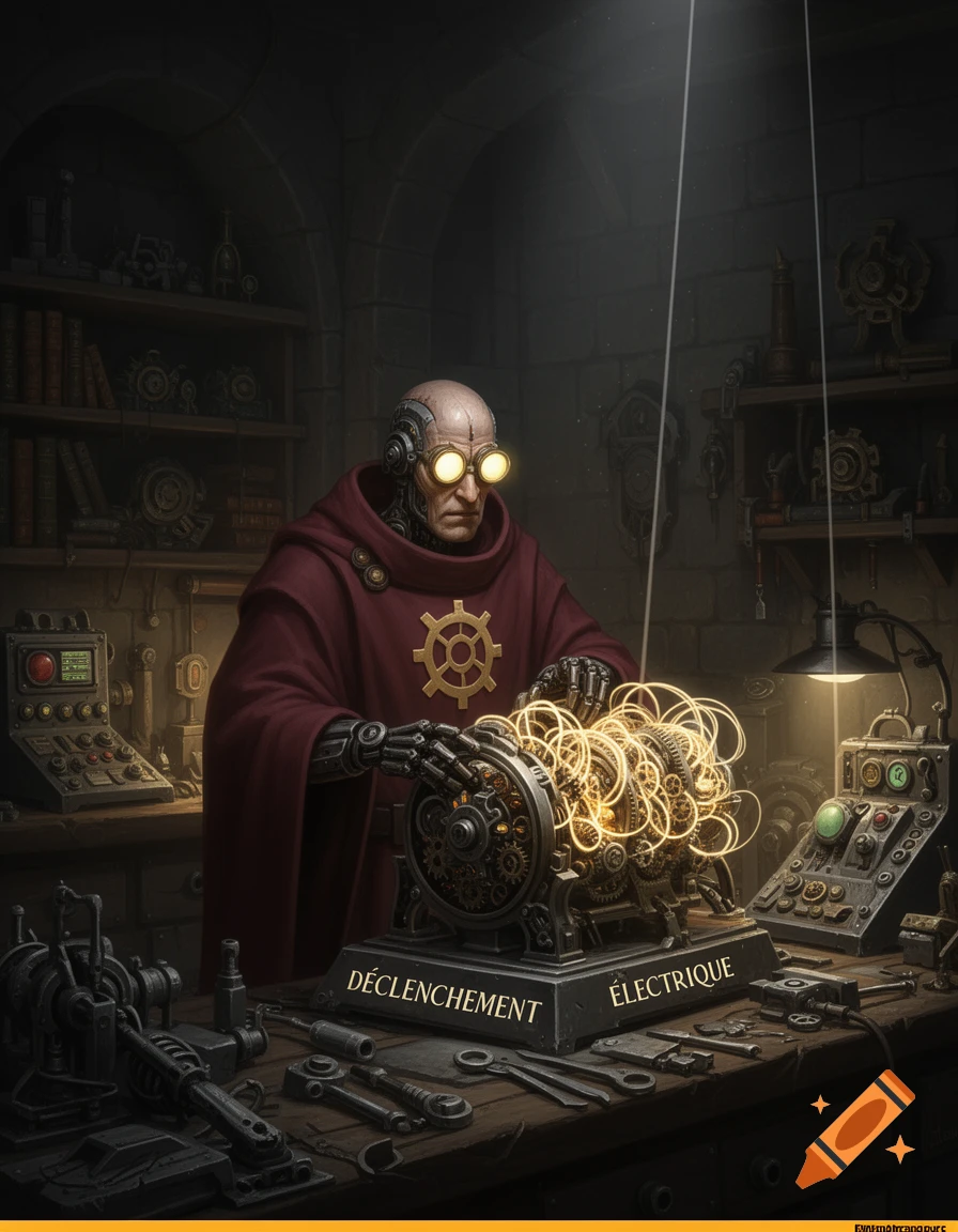 A bald, goggles-wearing cyborg in a red robe works on a glowing steampunk machine in a dark workshop.