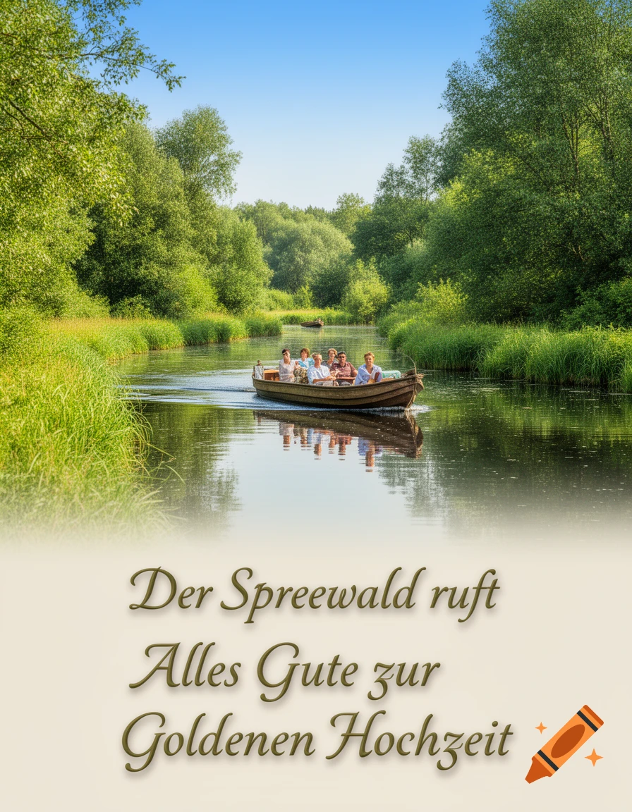 Photorealistic scene of people in a boat on a Spreewald river amidst lush greenery, with German text 'Der Spreewald ruft Alles Gute zur Goldenen Hochzeit'.