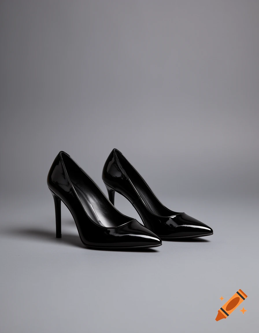 A pair of shiny black patent leather high heels with pointed toes and thin heels resting on a plain gray background.