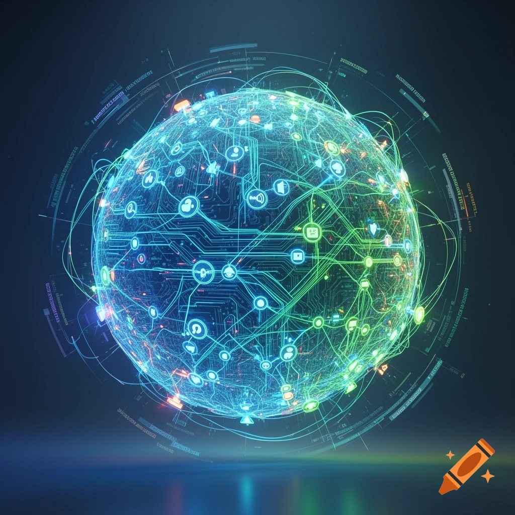 A glowing blue and green 3D sphere of interconnected circuits and network icons, representing a knowledge graph, on a dark reflective surface.