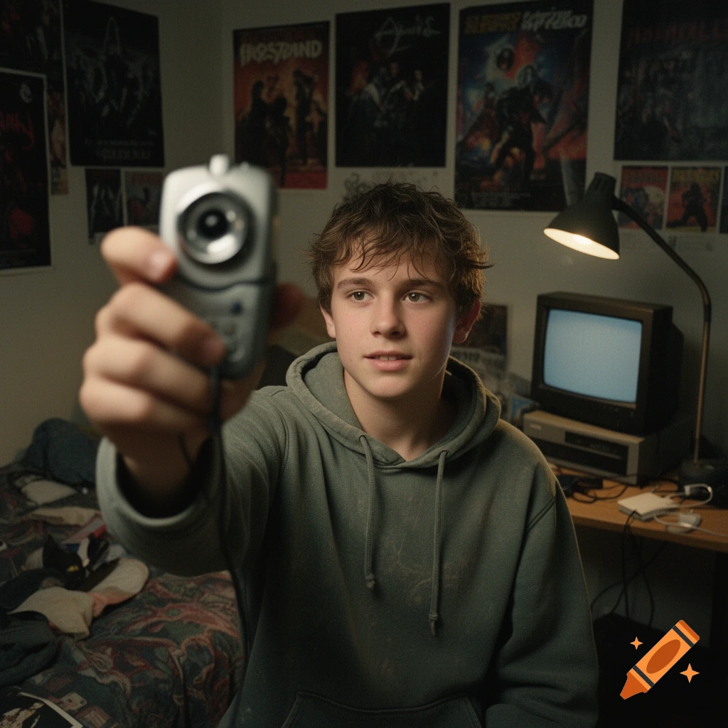 A young boy in a grey hoodie holds an old digital camera up for a selfie in his messy, poster-filled bedroom.