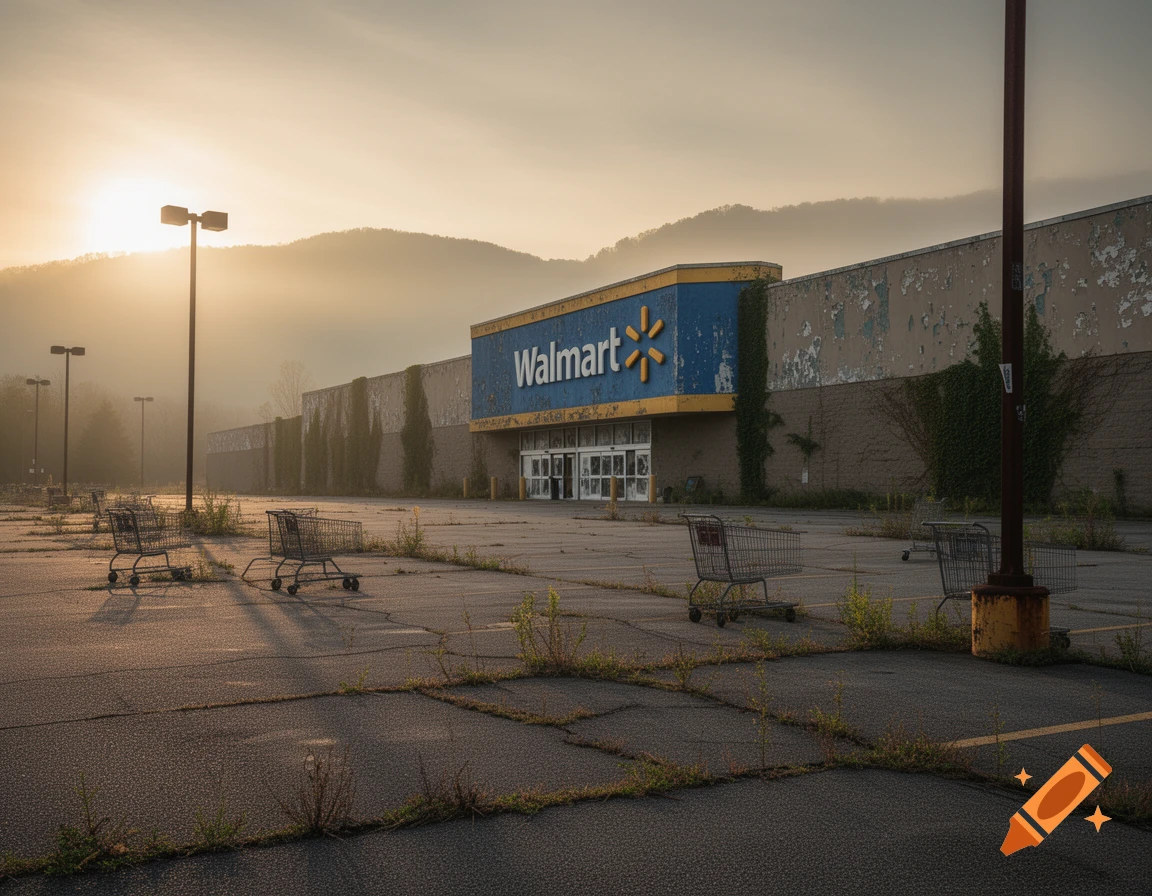 Photorealistic image of an abandoned Walmart store at sunrise, with a misty mountain backdrop and overgrown parking lot.