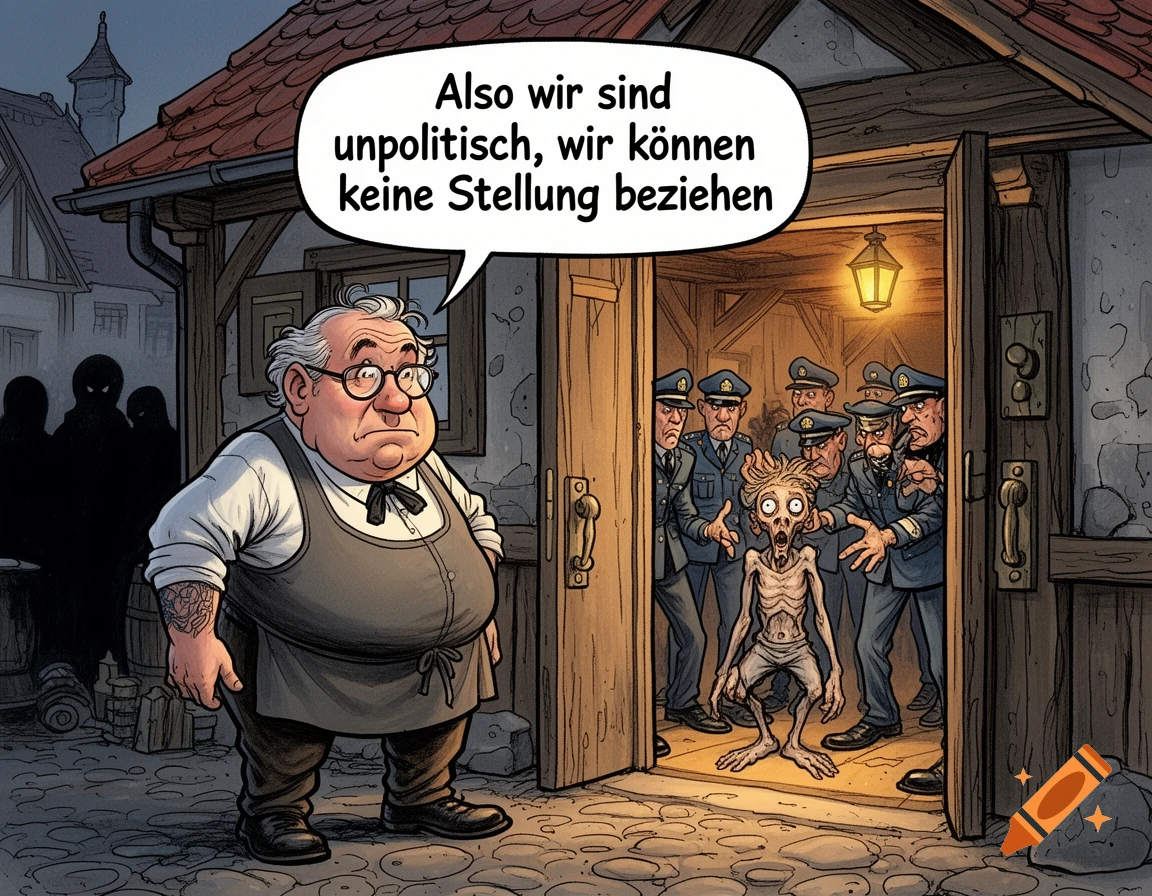 A stout tavern owner in a cartoon says, "We are apolitical," while police officers inside harass a thin, scared man.