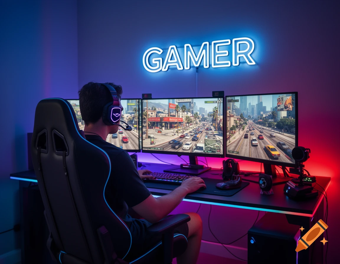 A person in a gaming chair plays Grand Theft Auto across three monitors in a room with a neon 'GAMER' sign.
