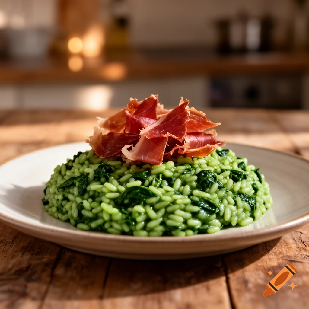 A close-up of vibrant green spinach risotto topped with thinly sliced prosciutto, served on a white plate on a rustic wooden table.