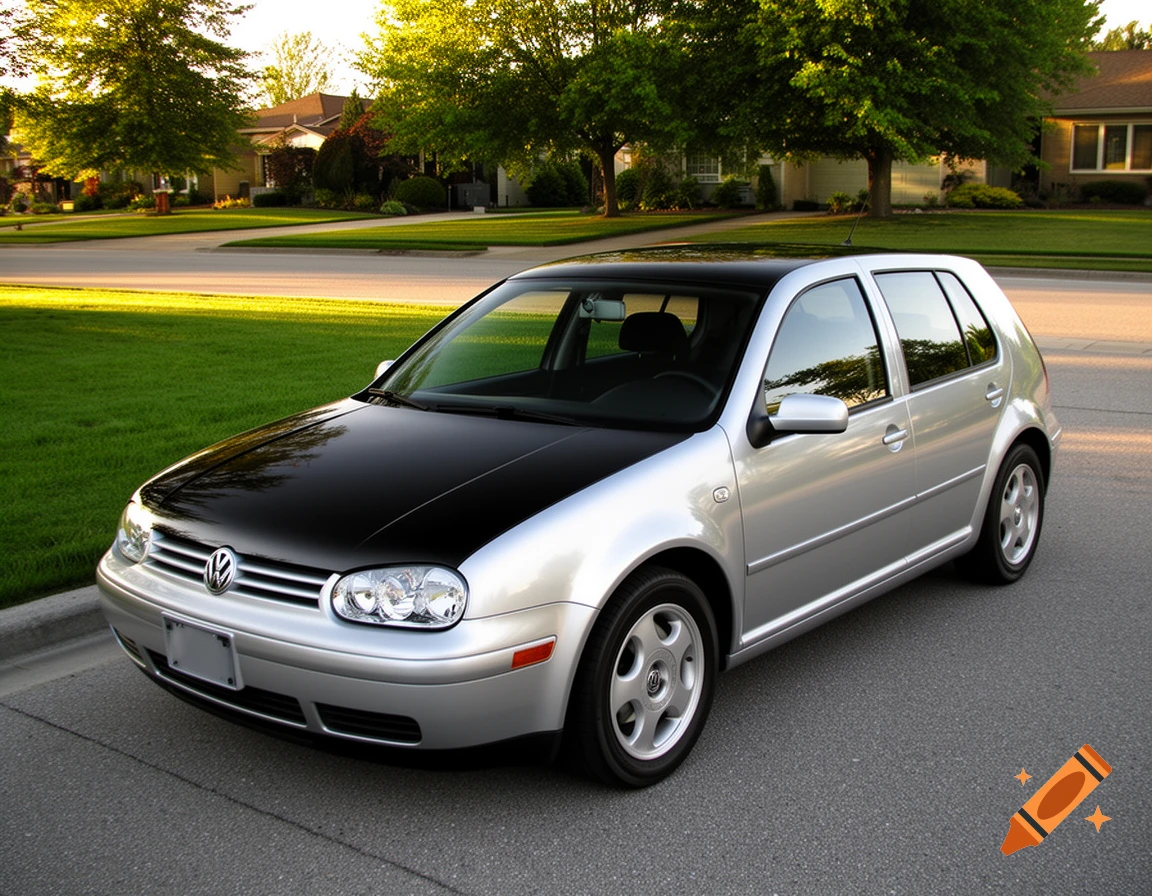 A silver Volkswagen Golf 4 hatchback with a black hood and roof is parked on an asphalt street in a sunny suburban neighborhood.