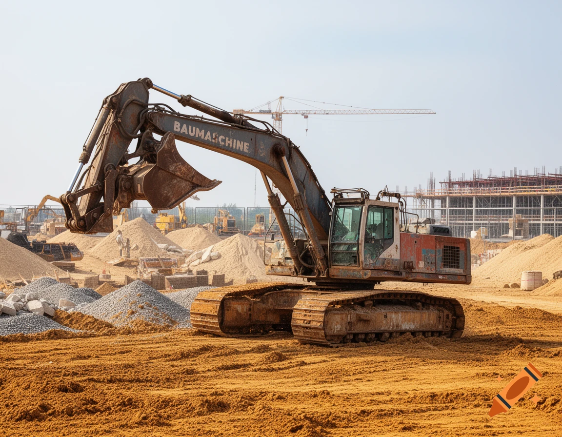 A large, rusty excavator with a shovel arm at a sunny construction site with piles of sand and gravel.