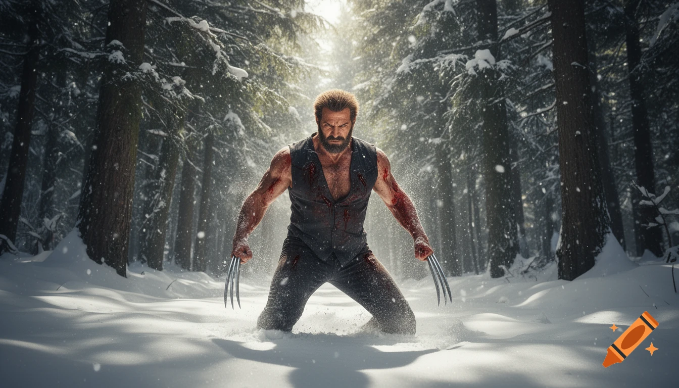 Bloody Wolverine, with claws extended, kneels in deep snow within a sunlit, snow-covered forest.