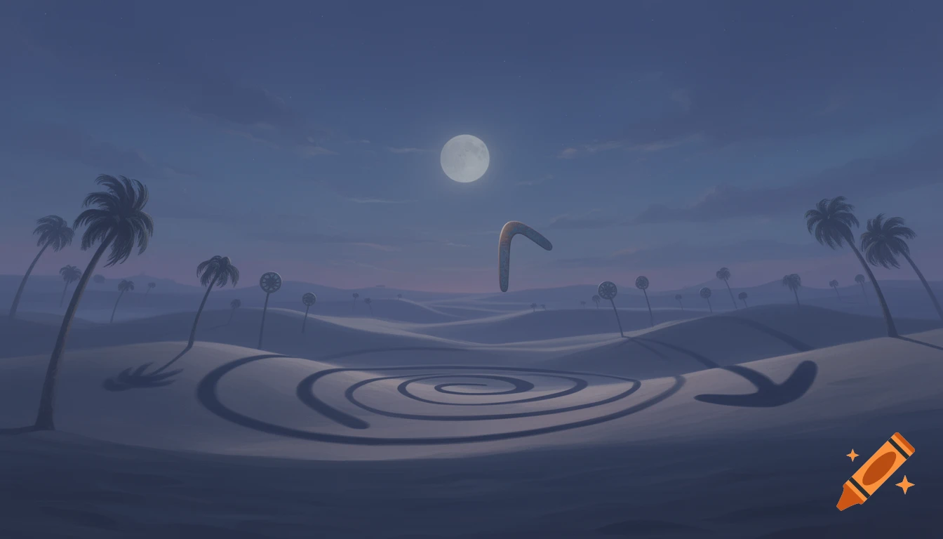A surreal desert landscape at night with sand dunes, palm trees, a full moon, a floating boomerang, and circular ground patterns.