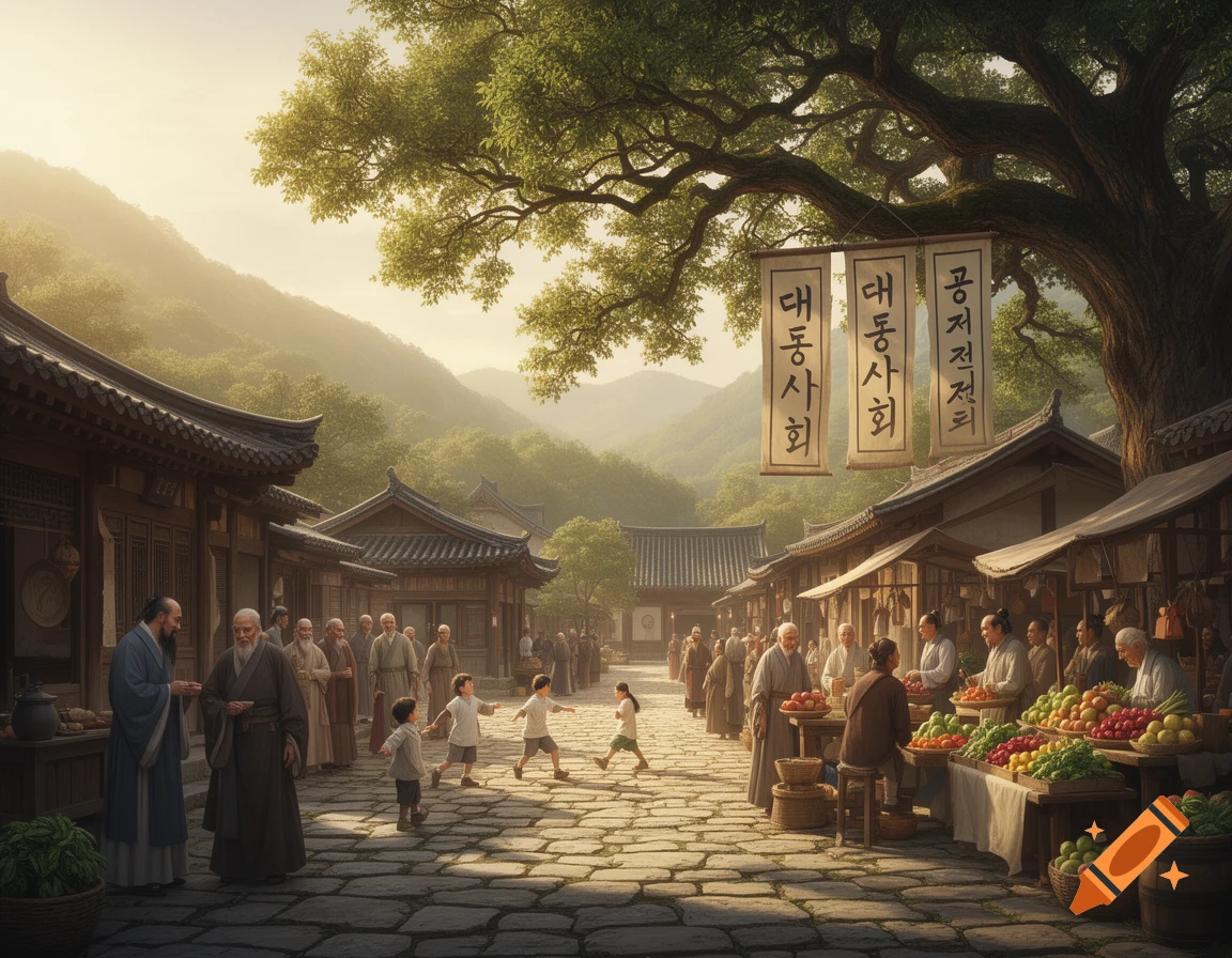 A bustling traditional East Asian market scene with people in traditional attire, vendors selling produce, children playing on a stone path, and banners hanging from a large tree. Traditional architecture and misty mountains are in the background.