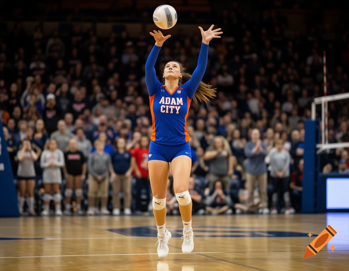 A college volleyball player in a blue and orange uniform with "ADAM CITY" text sets the ball during a game in an arena.