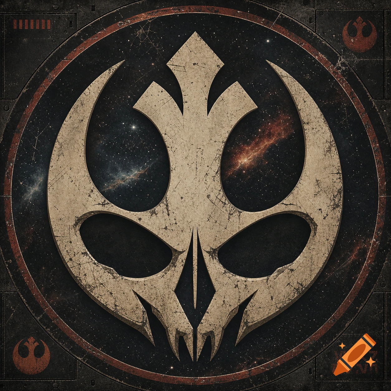Distressed vintage sci-fi emblem featuring a skull formed from an inverted Star Wars Rebel Alliance symbol on a starry background.