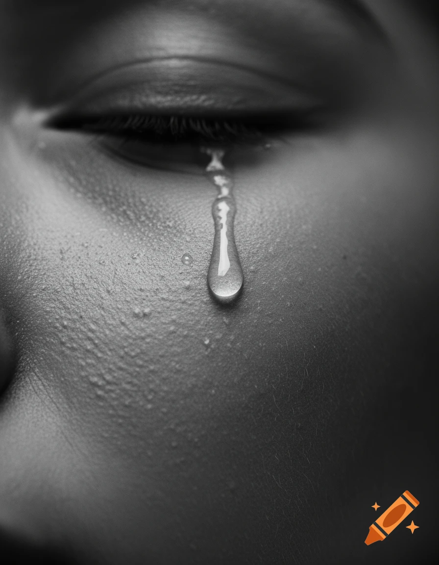 A stark black and white close-up of a person's eye with a single tear rolling down their cheek, showing detailed skin.