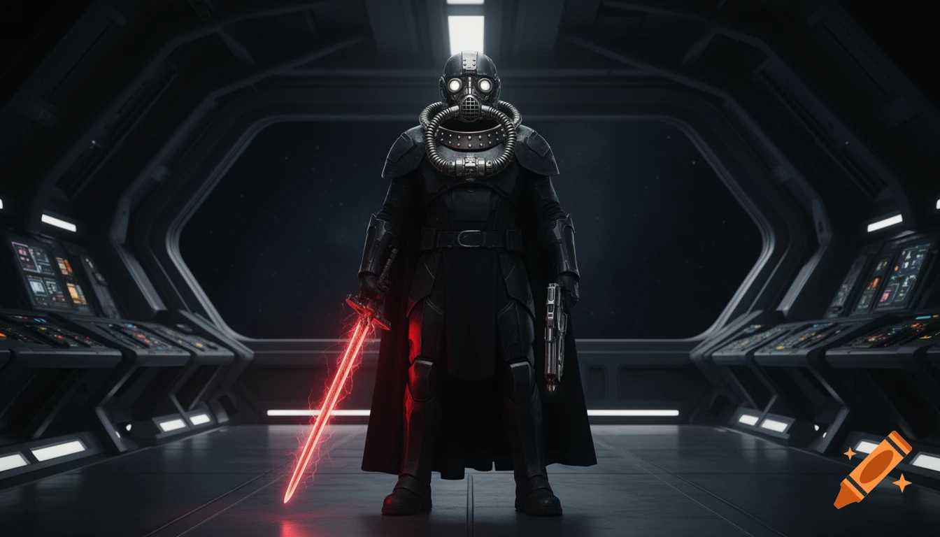 A menacing sci-fi warrior in black armor and a gas mask helmet stands centrally in a spaceship bridge, holding a red energy sword and a pistol.