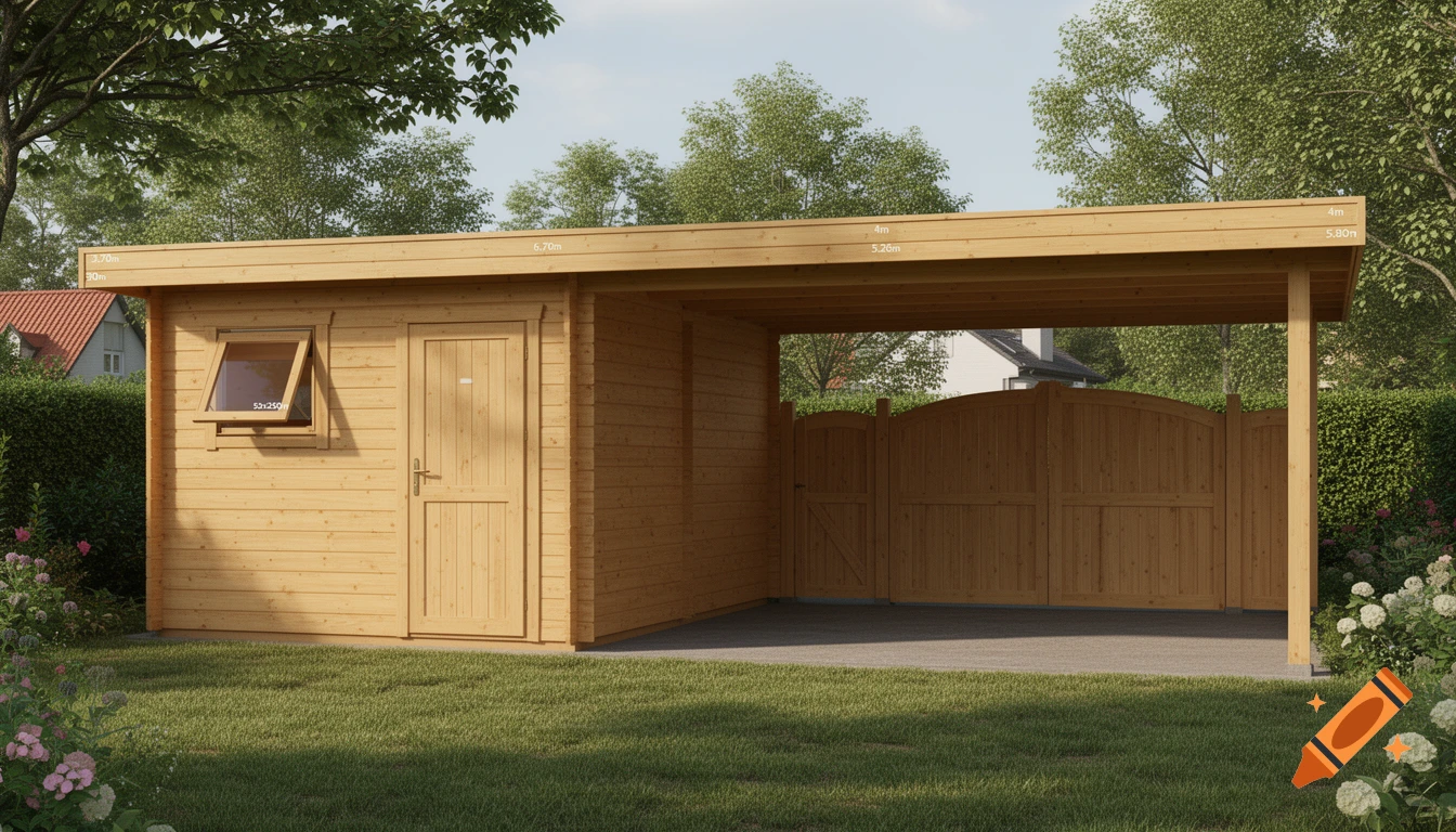 A photorealistic image of a new wooden shed with an attached carport in a green garden, surrounded by trees and flowers.