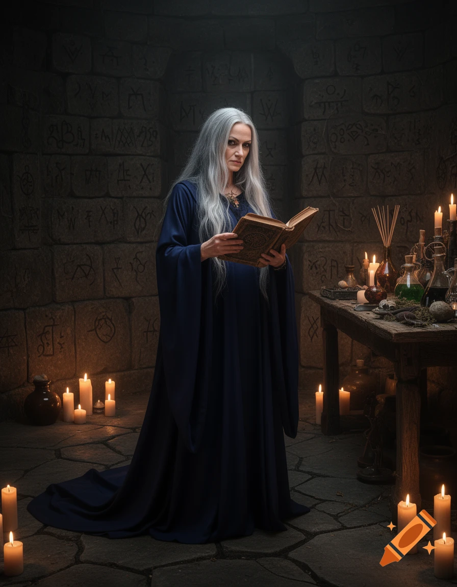 A white-haired witch in a blue robe reads an ornate book in a candlelit stone chamber filled with alchemical supplies.