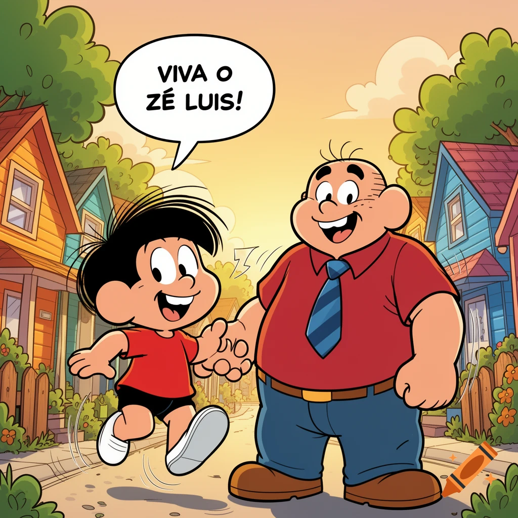 Cartoon boy and man walk hand-in-hand on a sunny street. Boy has a speech bubble: 'VIVA O ZÉ LUIS!'