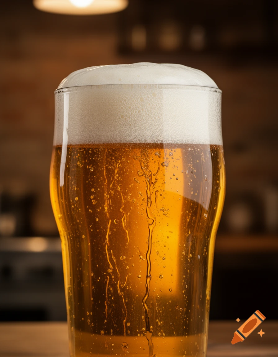 Close-up photorealistic shot of a pint glass filled with golden lager beer, topped with thick white foam and condensation droplets.