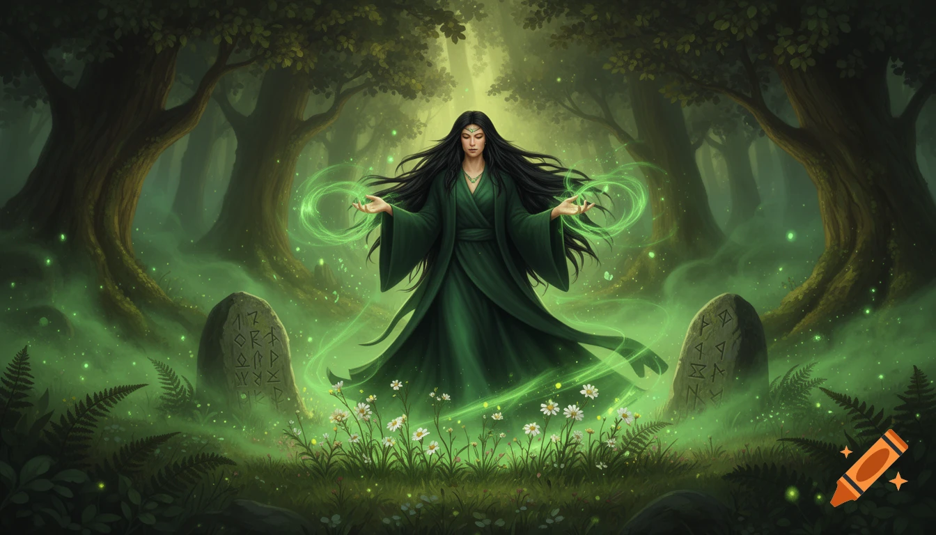 A dark-haired sorceress in a green robe stands in a mystical forest, summoning glowing green magic. Ancient rune stones flank her.