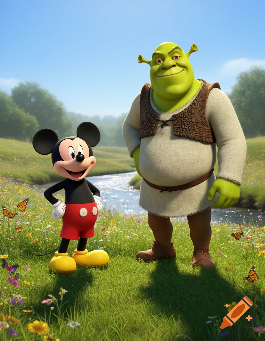 Mickey Mouse and Shrek stand in a lush green field with a stream and butterflies under a clear blue sky.