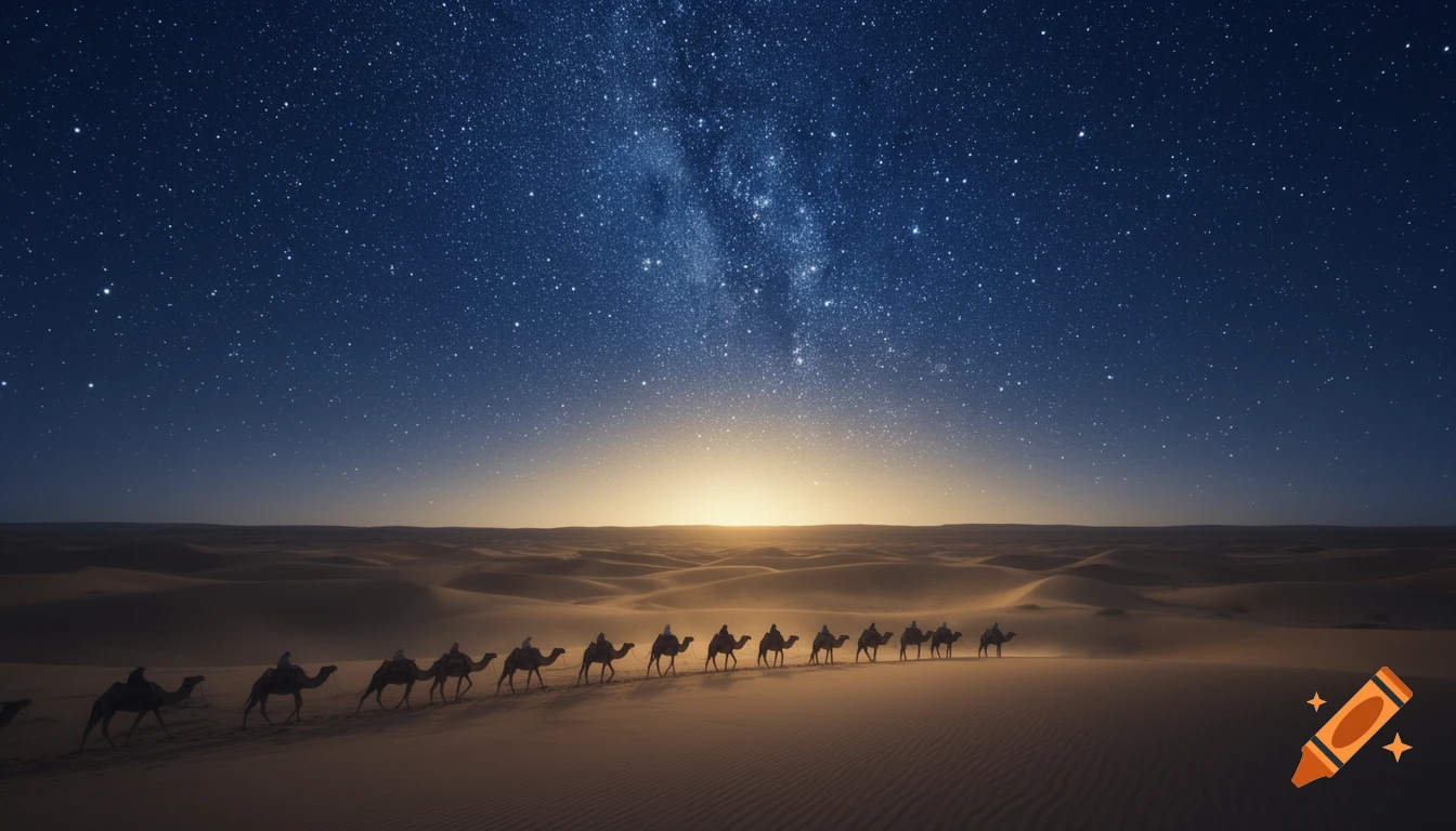 A caravan of camels walks across a vast desert under a dark, starry night sky with a glowing horizon.