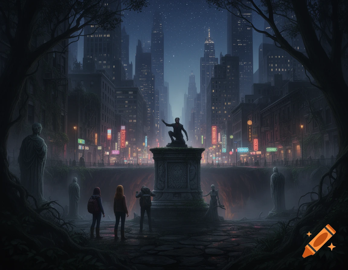 A dark urban fantasy scene at night in a city resembling New York, with glowing neon signs, ancient statues, and people gathered around a central monument.