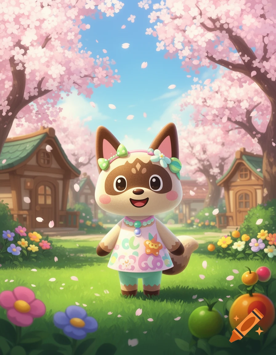 A cute, brown-and-cream animal character in a floral headband and pink dress stands in a vibrant cherry blossom village, Animal Crossing style.