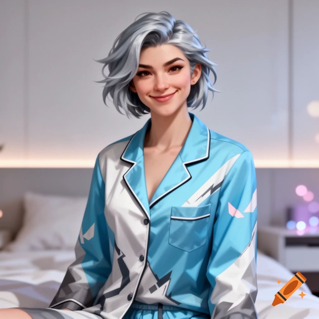 A smiling anime woman with short silver hair in blue and white pajamas sitting on a bed.