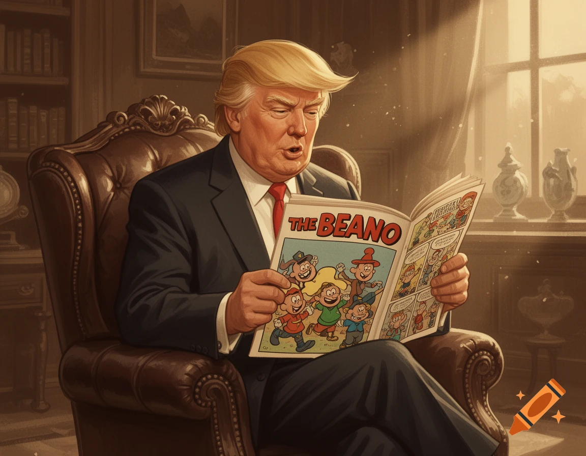 An illustration of Donald Trump sitting in an armchair, reading 'The Beano' comic book in a sunlit room.