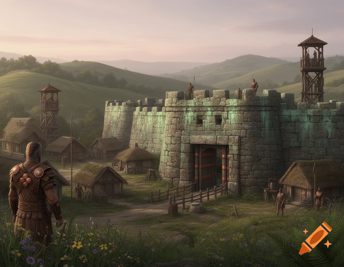 A lone figure in armor stands in a field of wildflowers, looking at a fortified stone stronghold and village of thatched huts nestled in green hills.