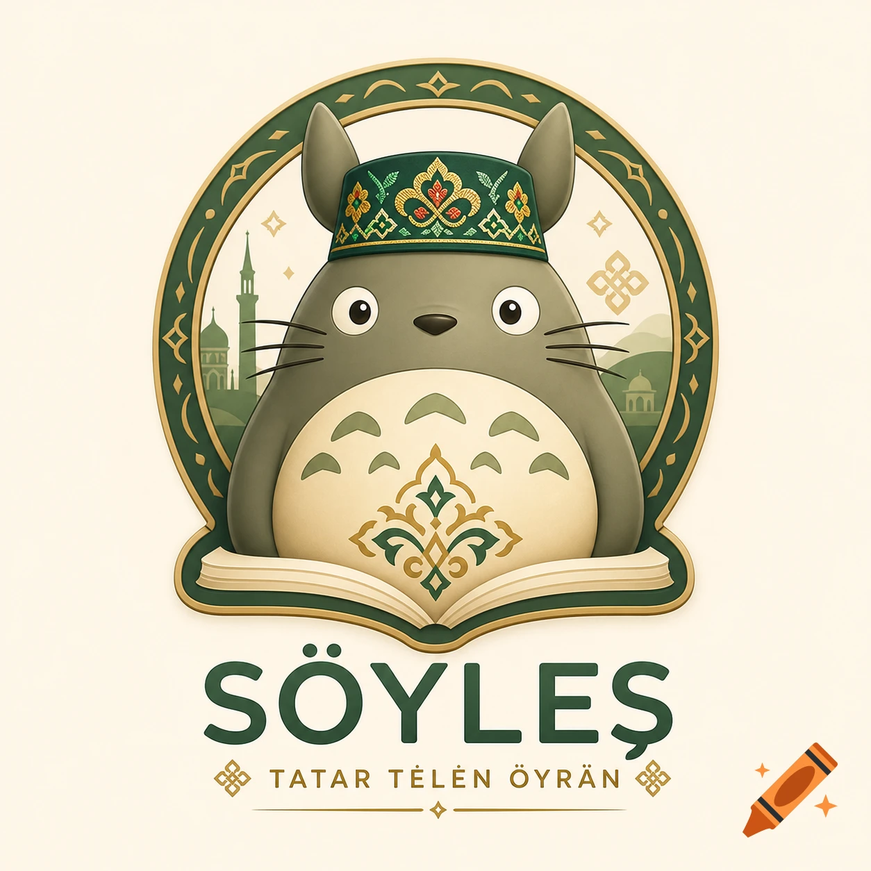 Cartoon Totoro character wearing a green Tatar skullcap with gold patterns, sitting above an open book, with text 'SÖYLEŞ TATAR TÉLÉN ÖYRAN' below. Background shows a mosque and hills in a green emblem.