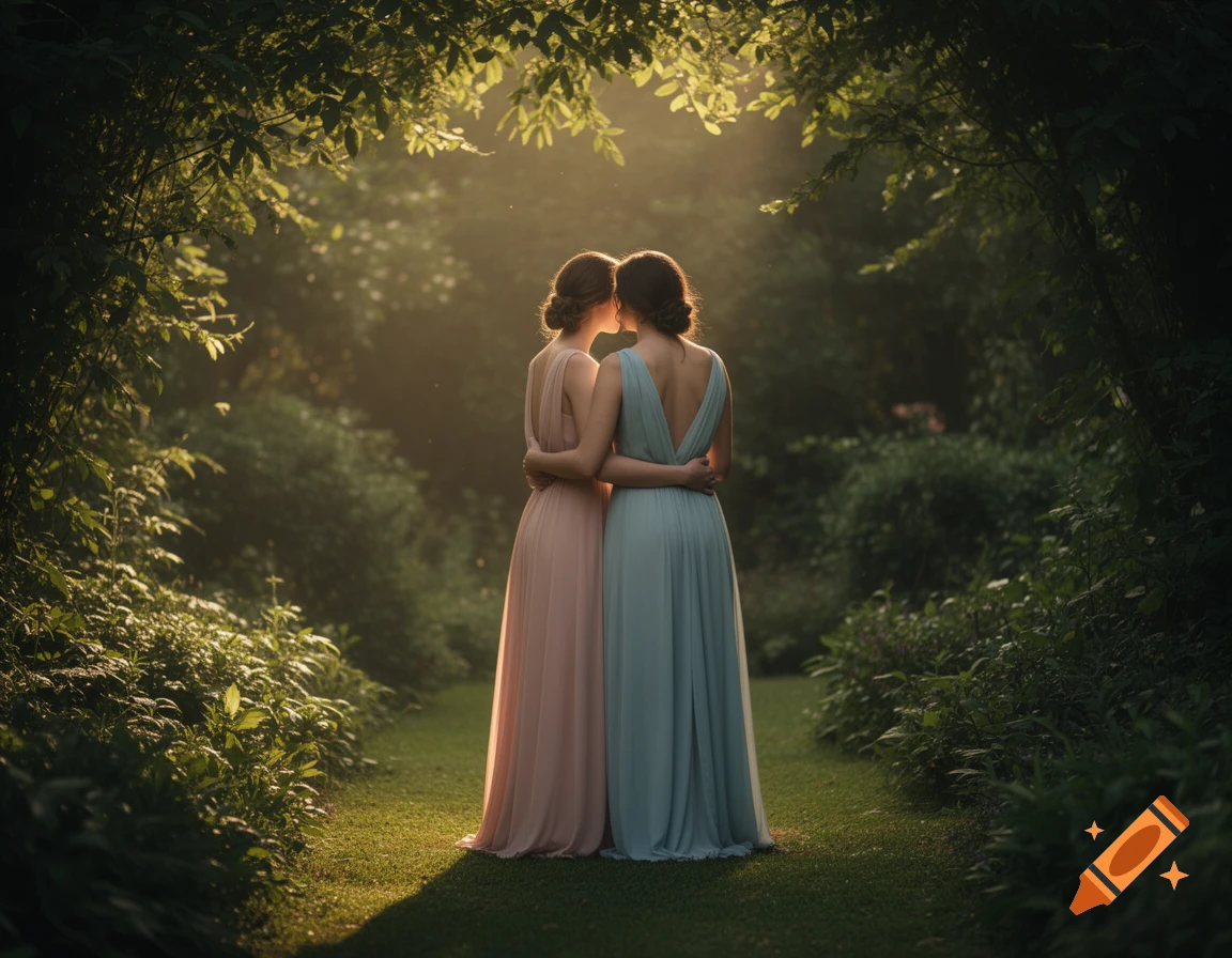 Two women in flowing dresses embrace on a grassy path in a lush, sunlit garden.