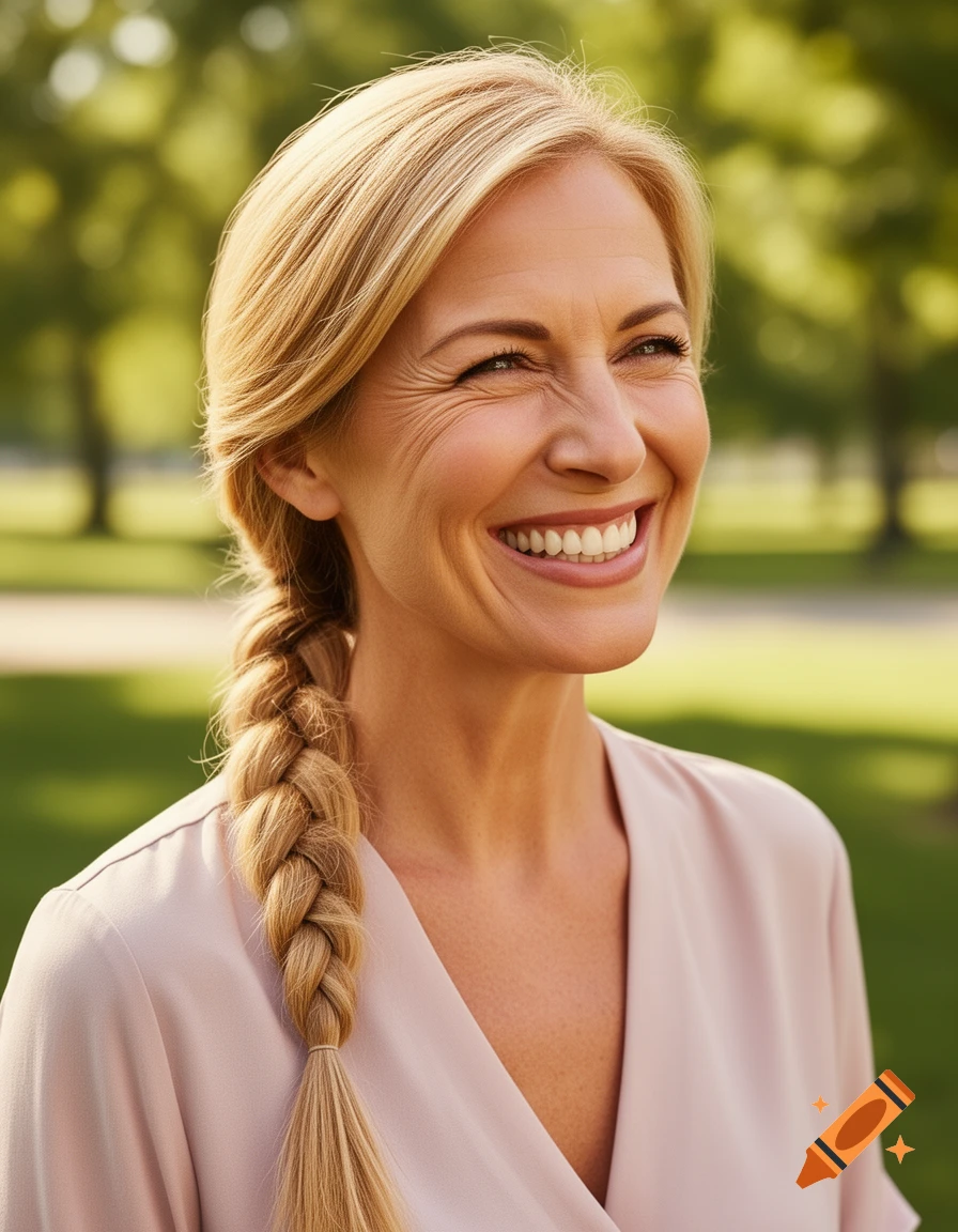 Smiling blonde woman in her mid-40s with a braid, wearing a pink top, against a blurred green park background.
