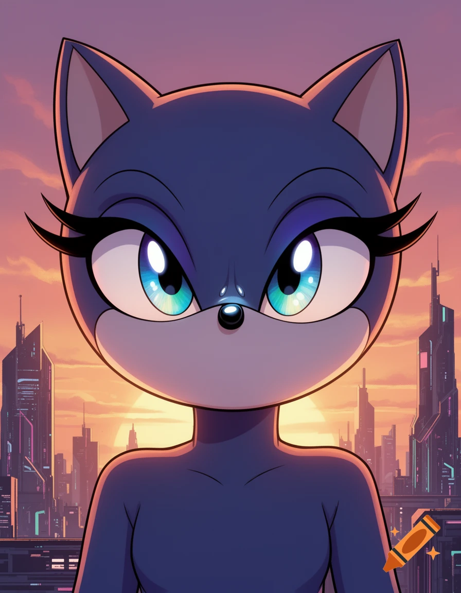 Blue anthropomorphic cat character in a cartoon style, set against a futuristic cityscape at sunset.