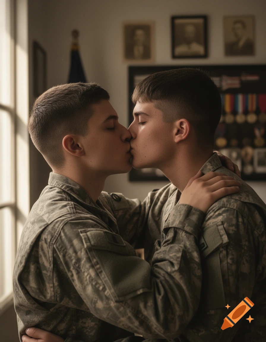 Two young male soldiers in camouflage uniforms share a tender kiss, embracing each other in a softly lit room with military decor.