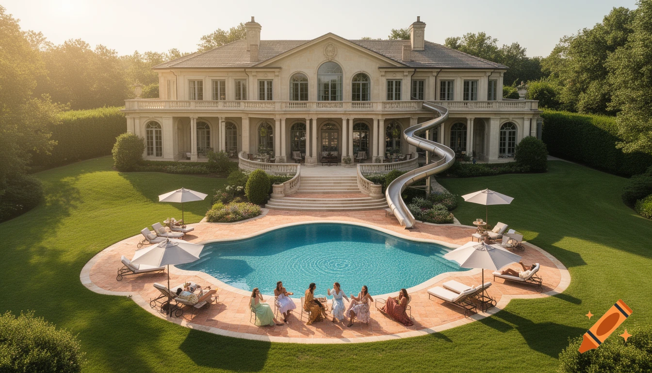 An aerial view of a grand mansion with a large pool, curving slide, and people relaxing in a lush green lawn.