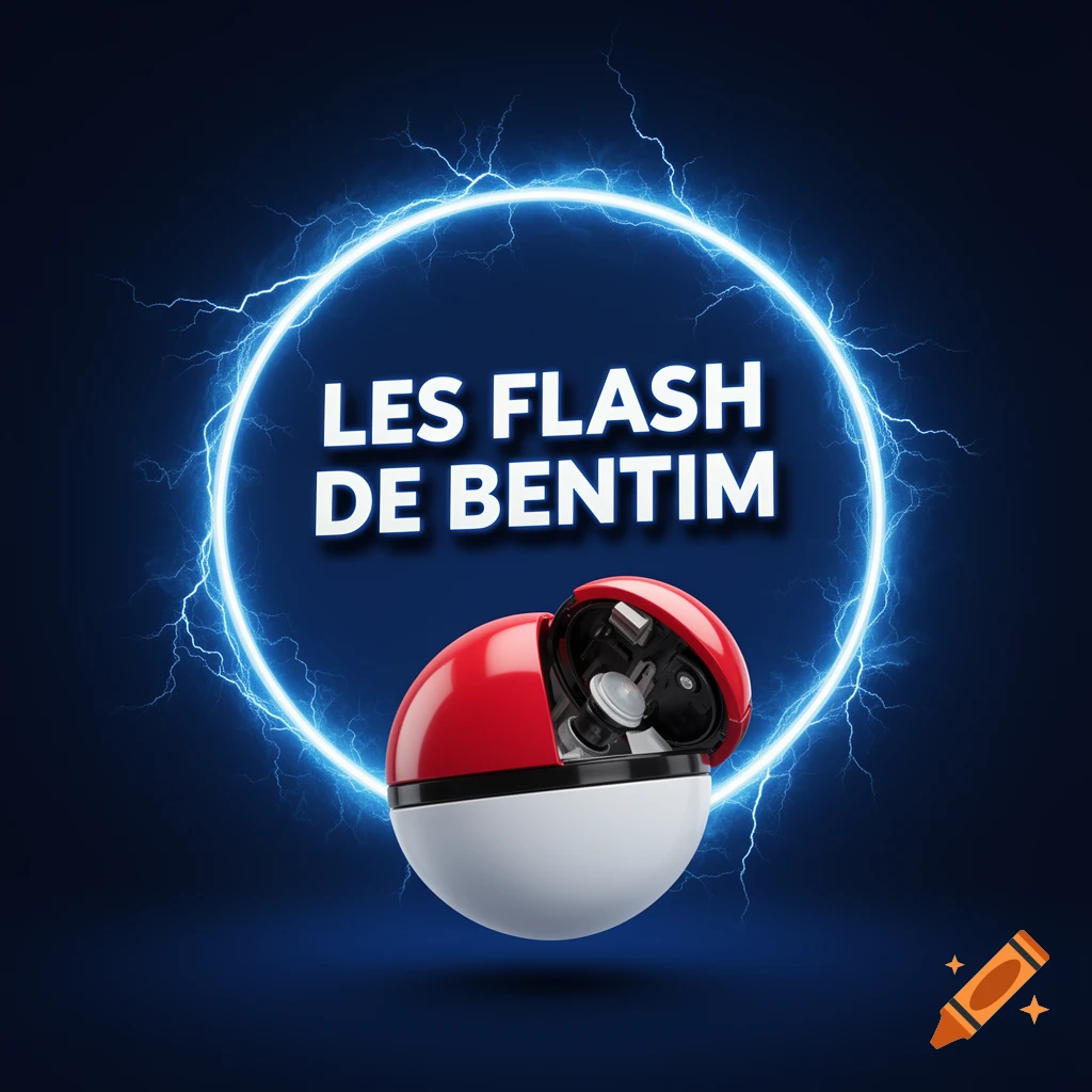 An open red and white Poké Ball with internal mechanisms, under glowing blue electric text 'LES FLASH DE BENTIM' and lightning bolts on a dark background.