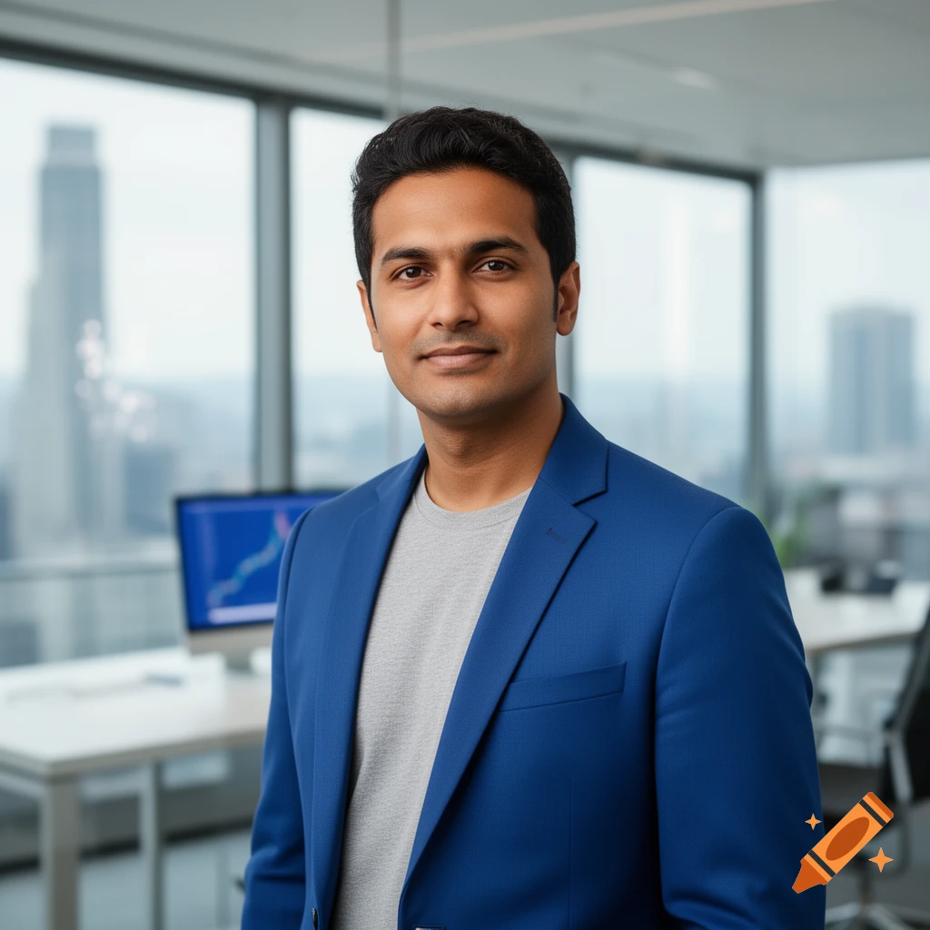 A photorealistic portrait of an Indian man in a blue blazer and grey t-shirt, smiling in a modern office with city views.