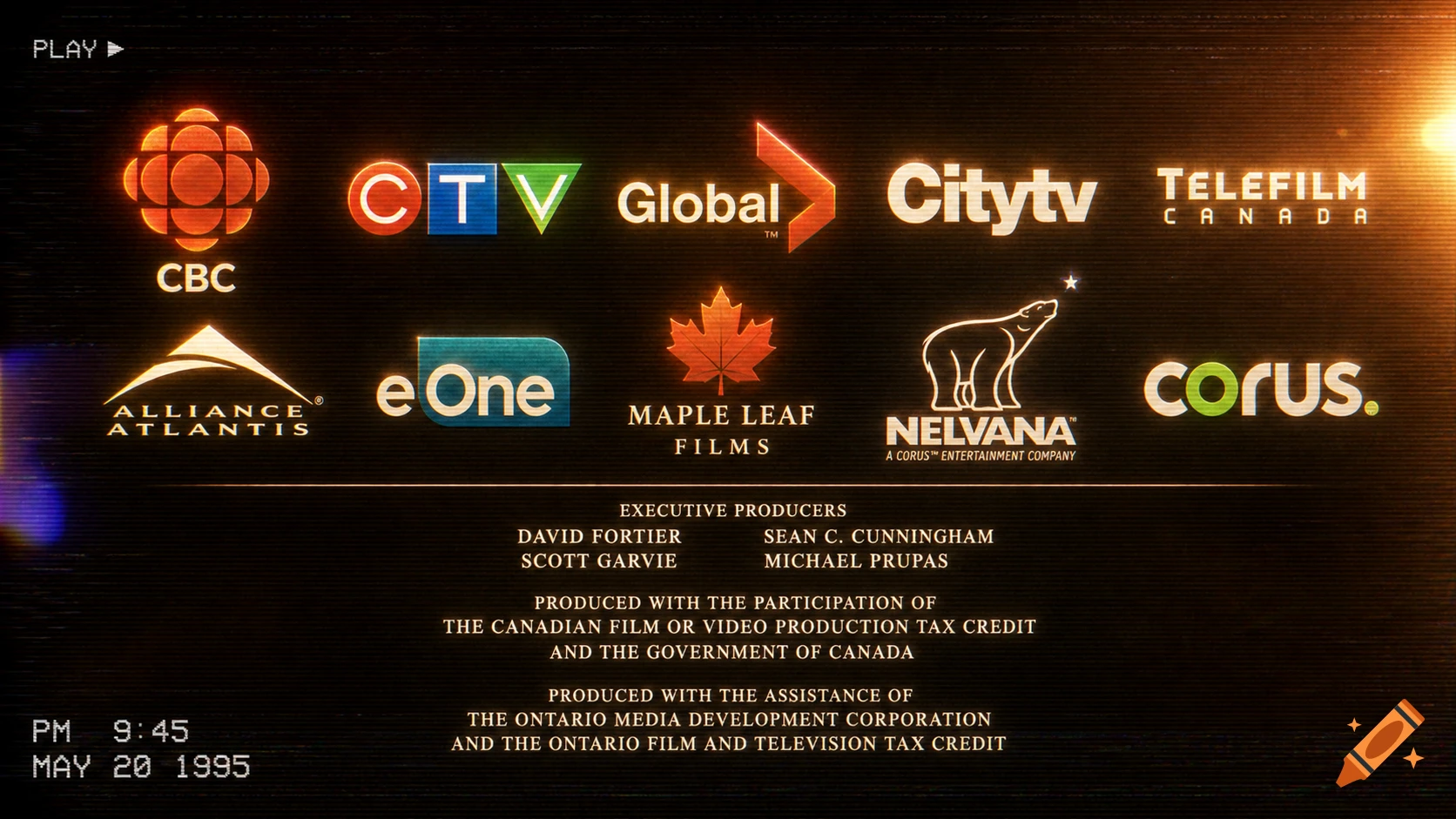 Canadian entertainment company logos and production credits with VHS effects, including a time and date stamp.