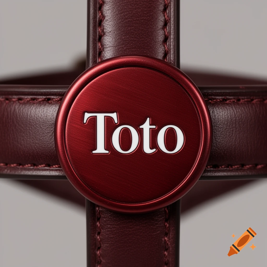 Close-up of a dark red, textured medallion with the word "Toto" in white, attached to a red leather strap.