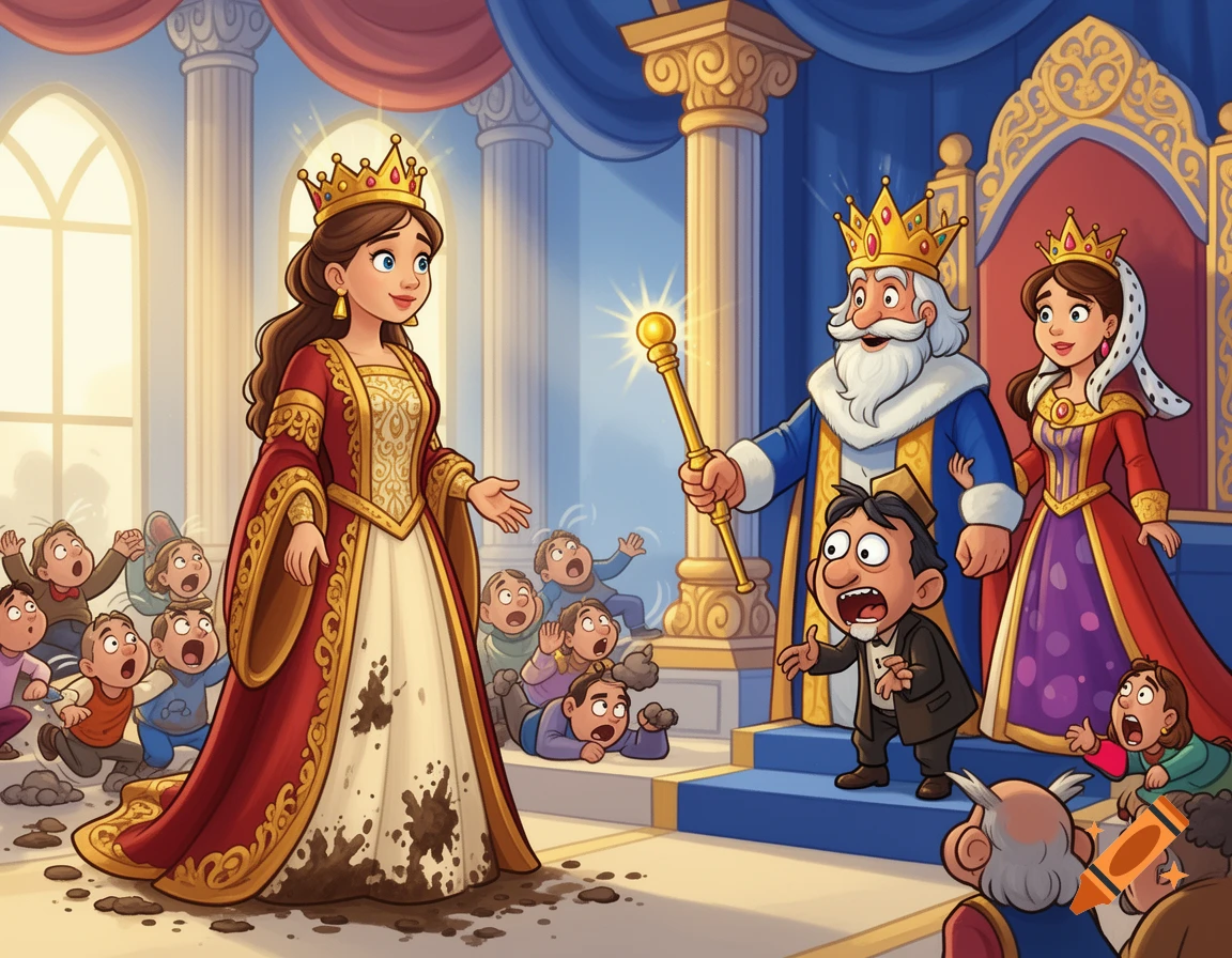 A cartoon Queen Esther with a mud-splattered dress stands before a king and queen on a throne, while Haman cowers in fear and many children fall to the ground.