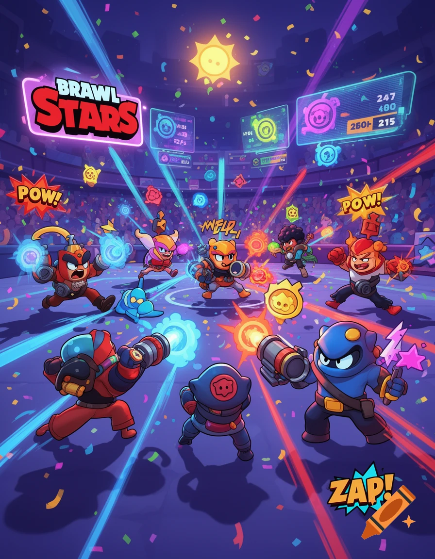 Cartoon characters battle in a vibrant arena with light beams, confetti, and comic sound effects like 'POW!' and 'ZAP!'.